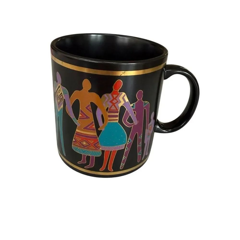 Vintage Laurel  Burch Familia Del Mundo,  Black Ceramic Coffee Mug, 1988, Japan